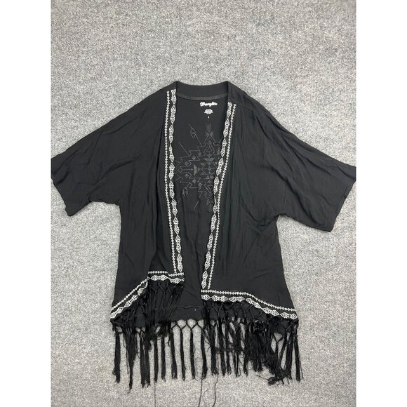 Wrangler Cardigan Women's Small Black White Embroidered Fringe 3/4 Sleeve Kimono - Picture 1 of 6